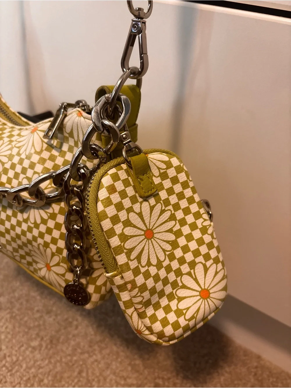 Floral Checkered Yellow Crossbody Bag with Coin Pouch
